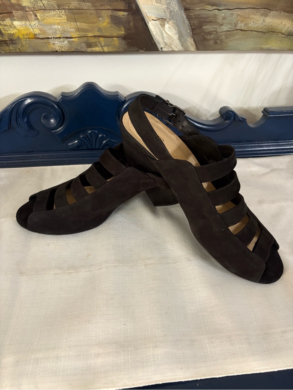Nurture Bethel Leather Women's Black Suede Strappy Block Heel Sandals SIZE 10